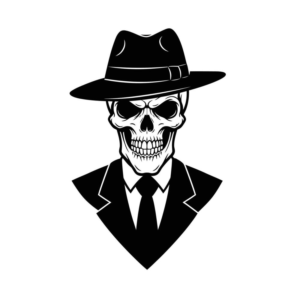 Skull wearing a black suit with a hat and a tie logo design vector