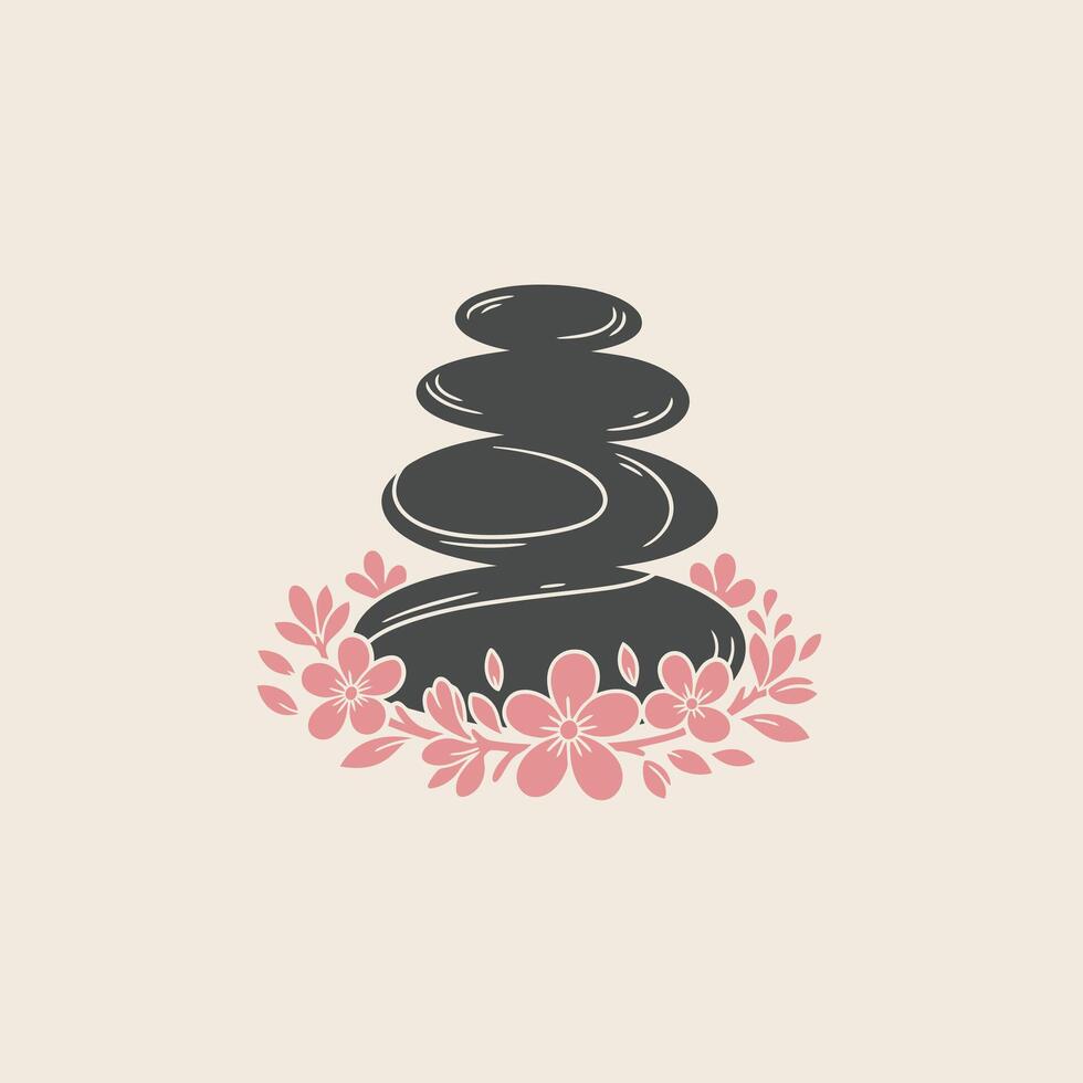 Stack of pebbles with flowers in front logo design vector