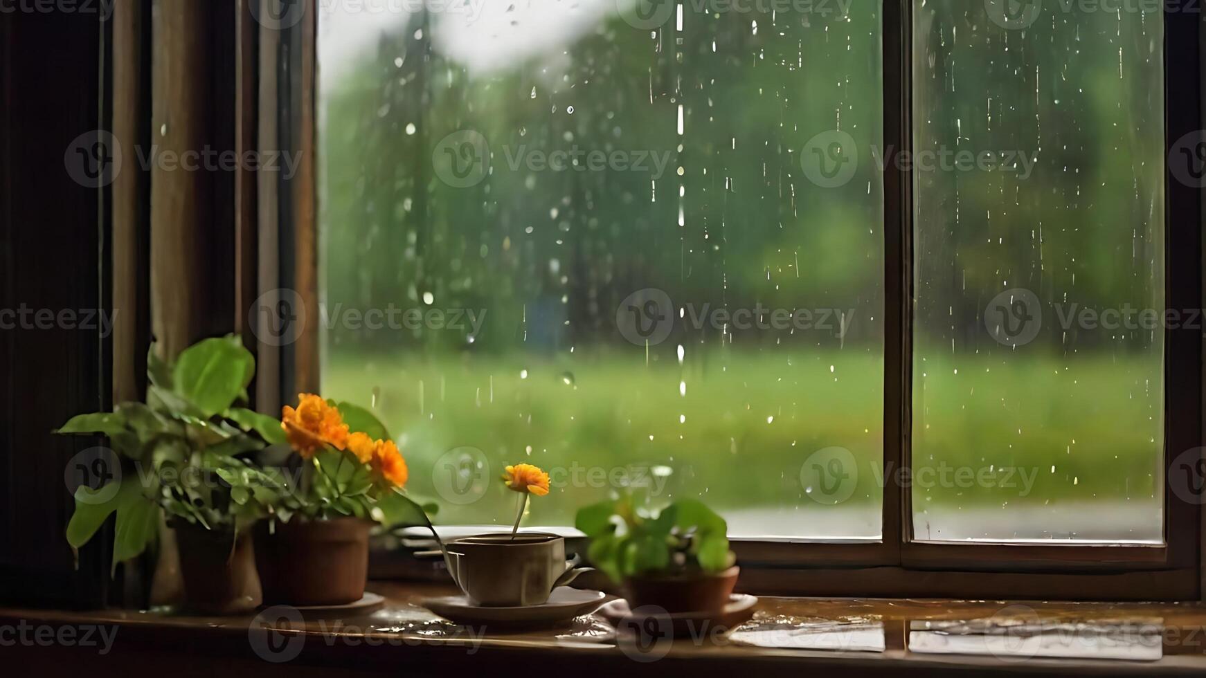 Cozy rainy day scene with plants and flowers by the window view photo