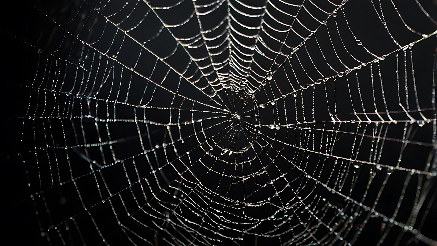 Spiderweb glistening with dewdrops against a stark black background photo