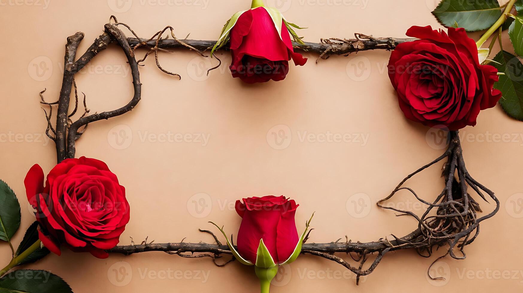 Elegant red roses arranged in a square frame on a neutral backdrop for a romantic and natural aesthetic photo