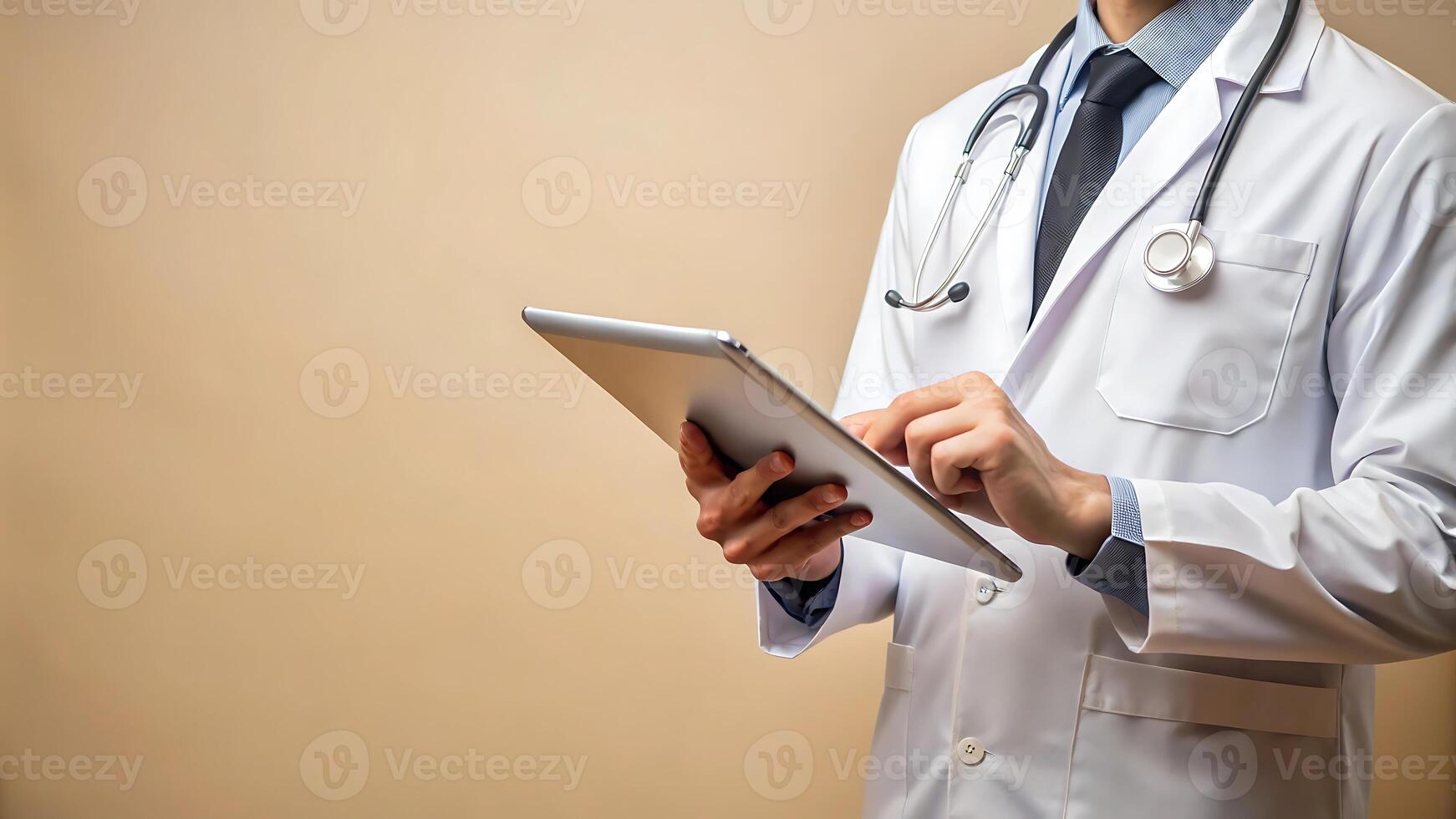 Doctor using digital tablet for patient records and healthcare technology photo