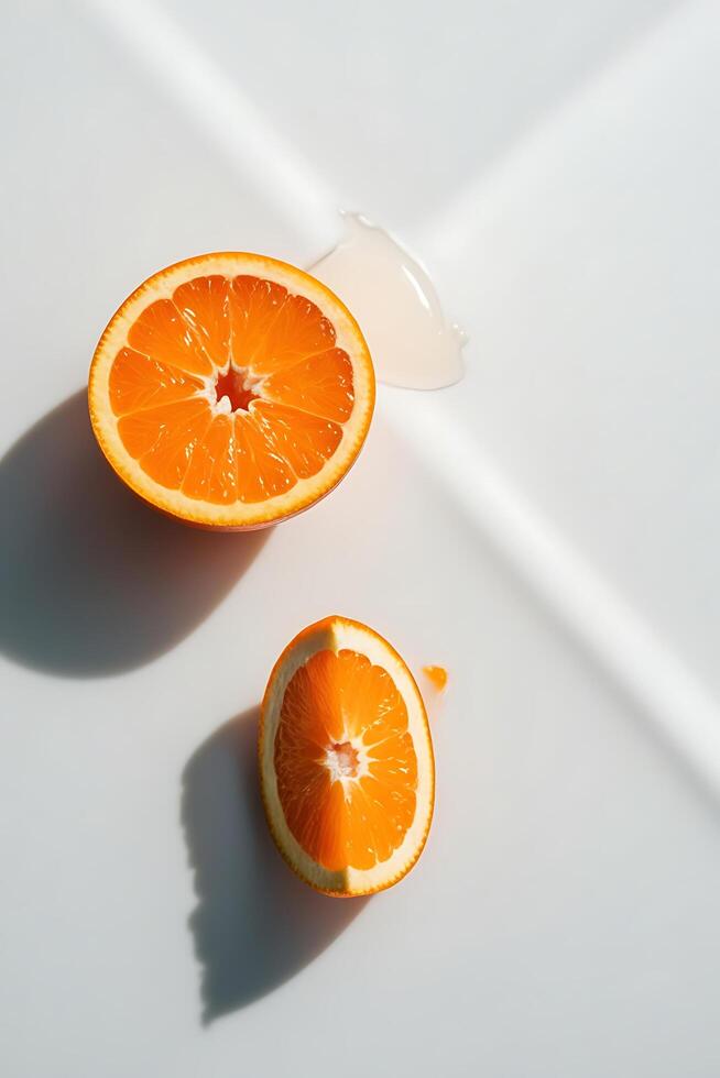 Vibrant Orange Slices with Gel on White Surface and Sharp Shadows photo