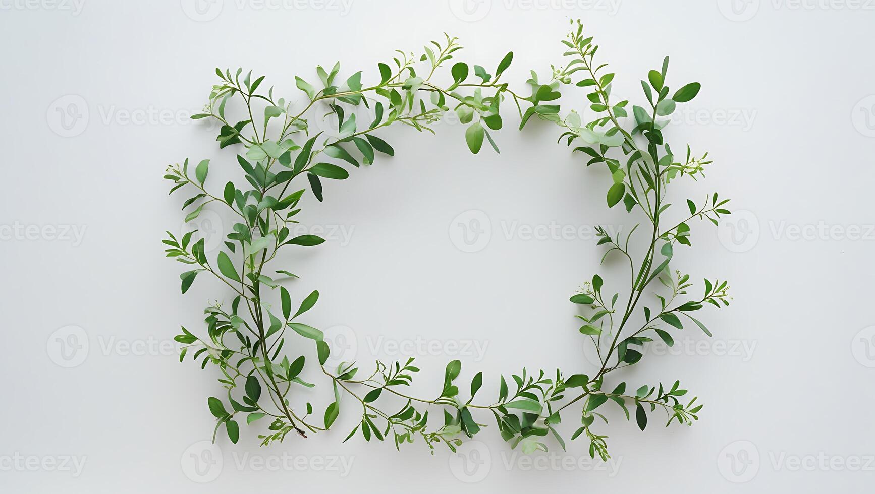 Elegant Botanical Frame of Greenery on Clean White Background Surface photo