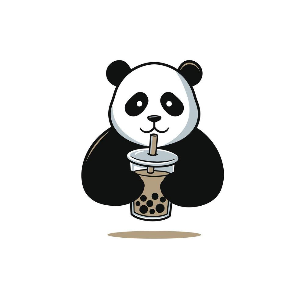 Panda bear drinking with a straw logo design vector