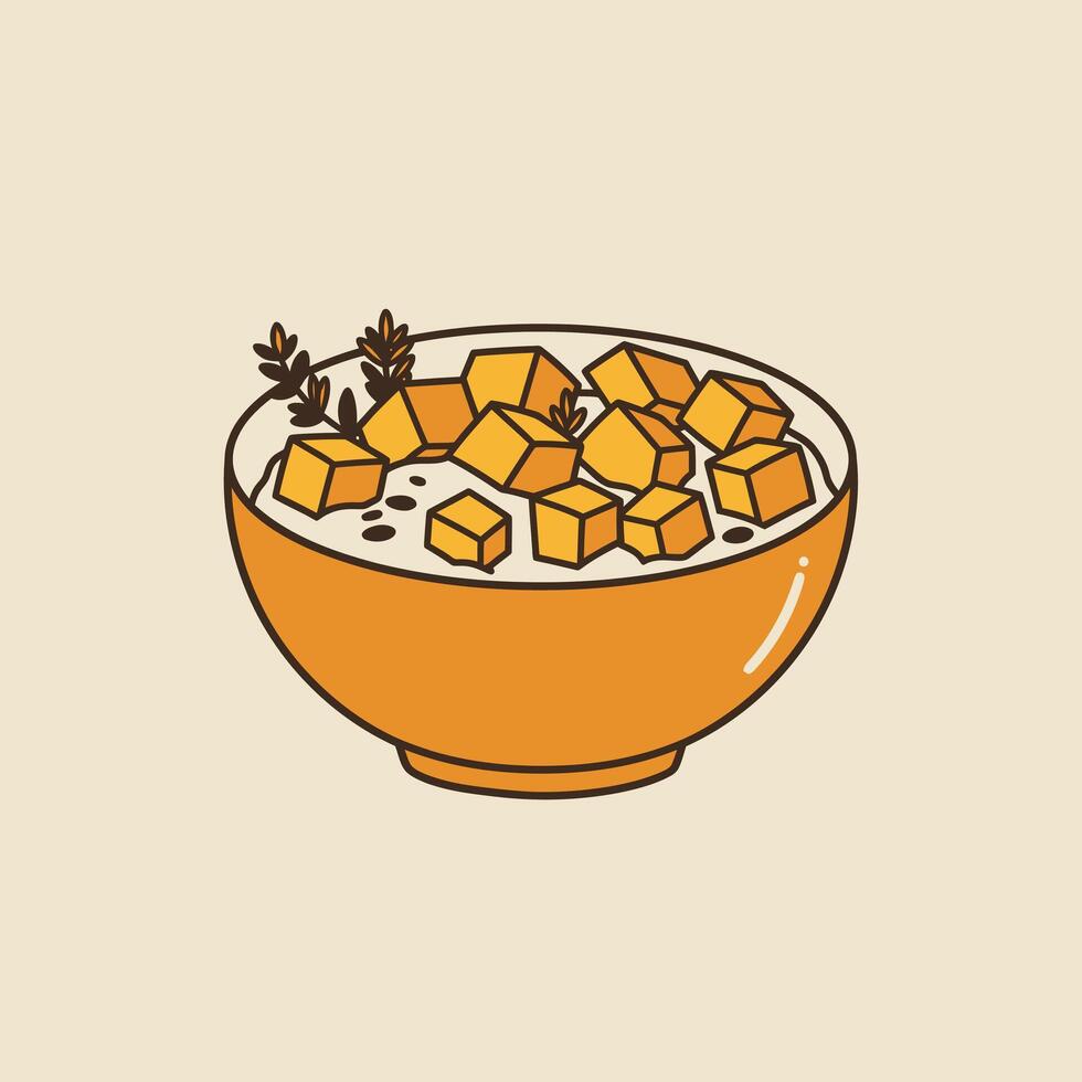 Bowl of white curry with cheese cubes and spices logo design vector