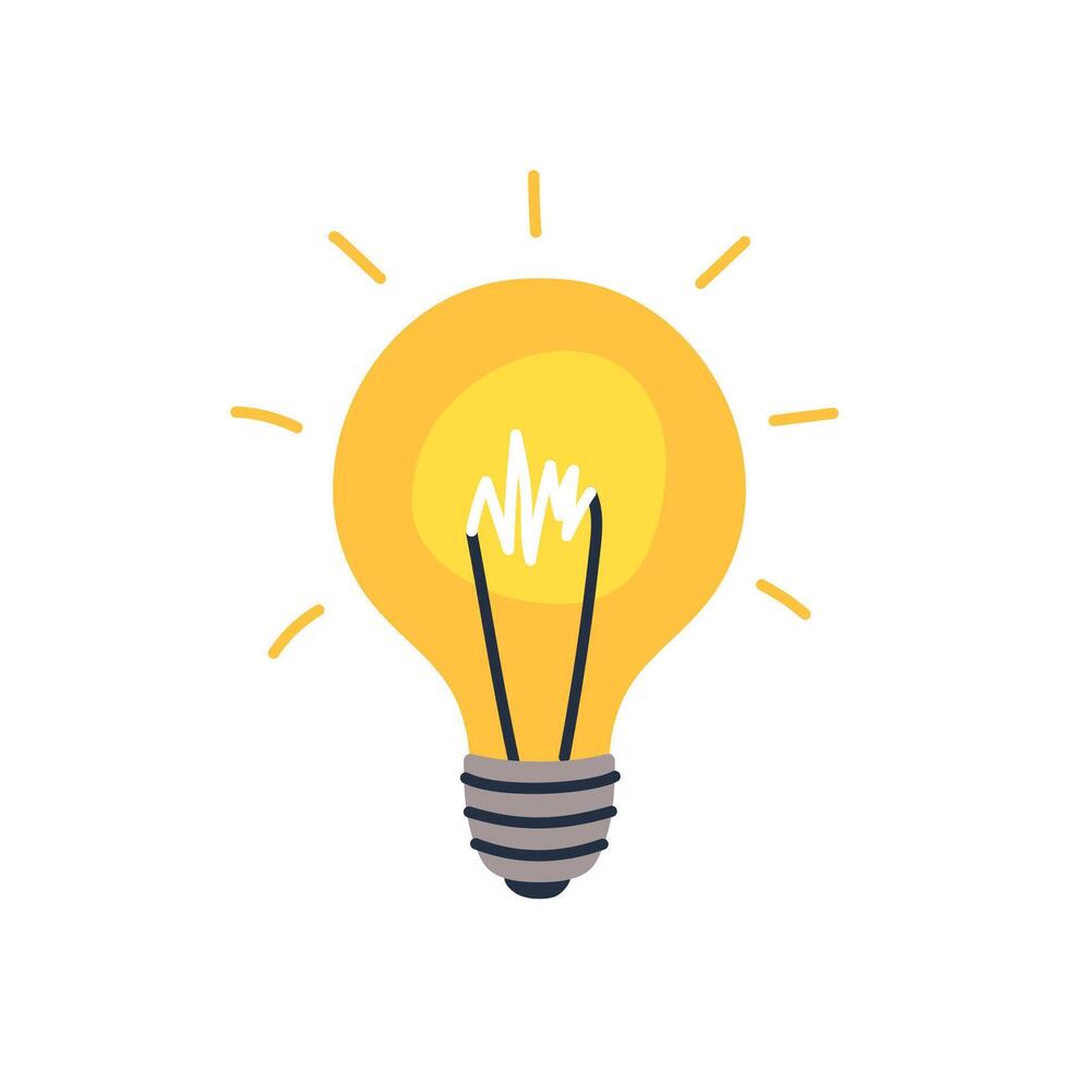 Glowing yellow light bulb. Simple cartoon-style symbol of idea, creativity, innovation, and inspiration. Perfect for web, apps, and presentations. Flat illustration vector