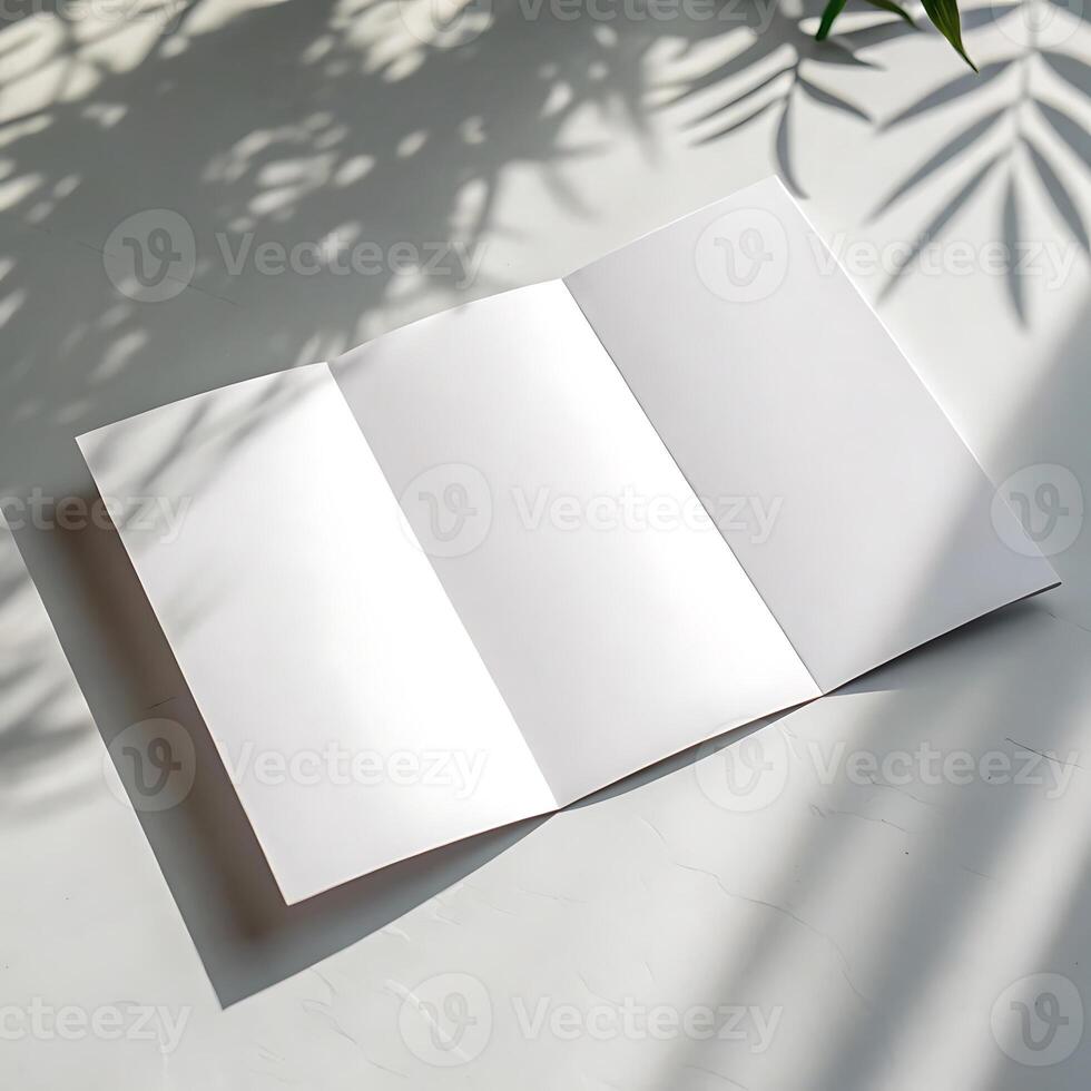 Blank Trifold Brochure on White Surface with Tropical Leaf Shadow Overlay photo