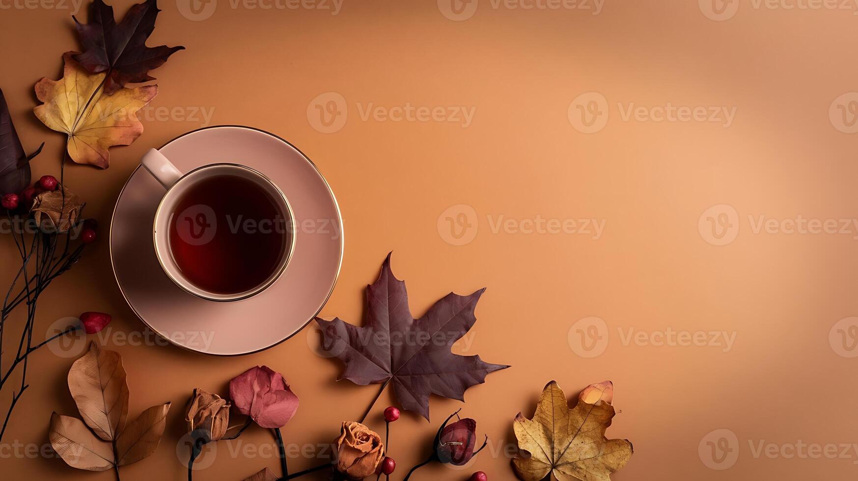 Cozy Autumn Still Life, Tea Cup, Fallen Leaves, and Warm Beverage photo