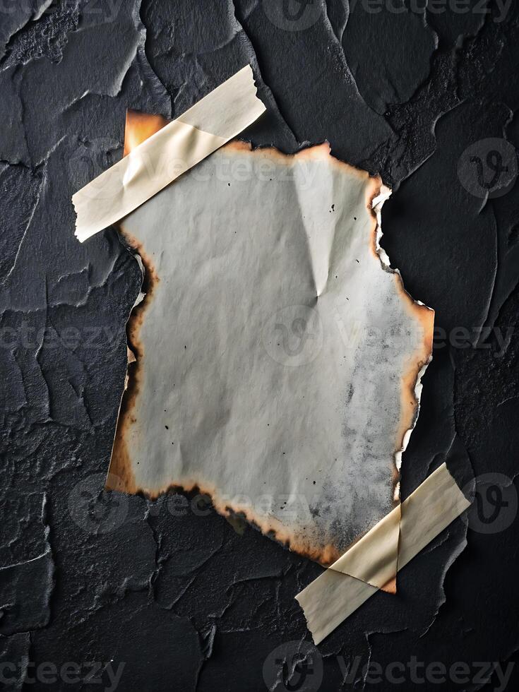 Burnt paper attached to a dark textured surface with tape strips photo