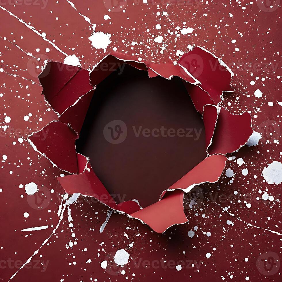 Abstract composition with torn red paper and white paint splatter design photo