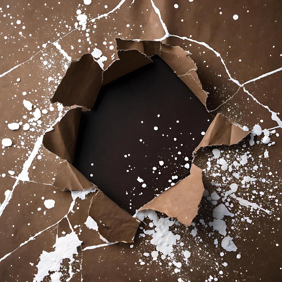 Abstract brown paper with a central torn hole and splatter paint effect photo