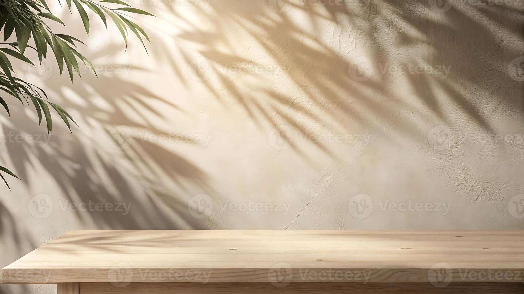 Neutral Minimalist Product Display Table with Tropical Leaf Shadows photo