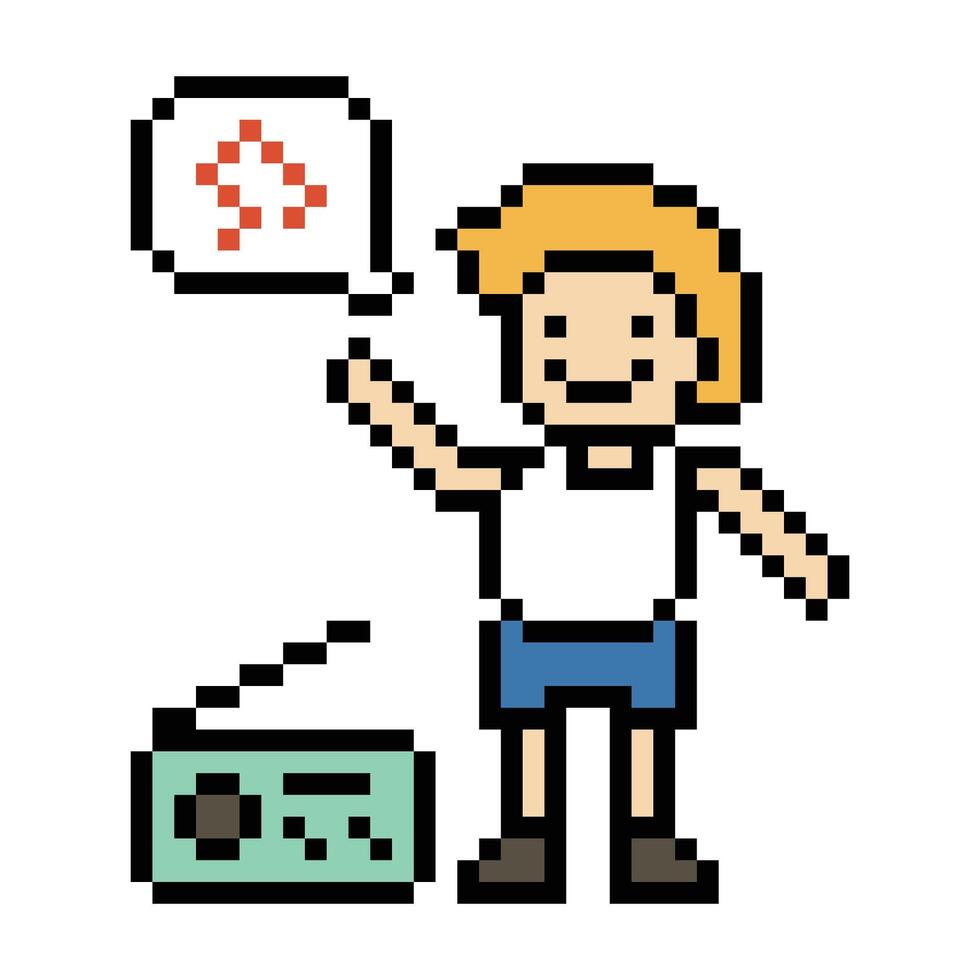 Cartoon 8 bit pixel of male boy man happy exercise dance music design. vector