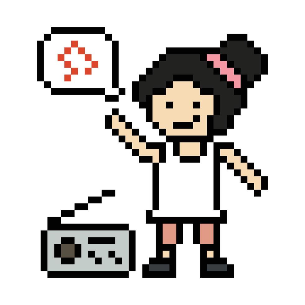 Cartoon 8bit pixel of female lady girl woman happy exercise dance music design. vector