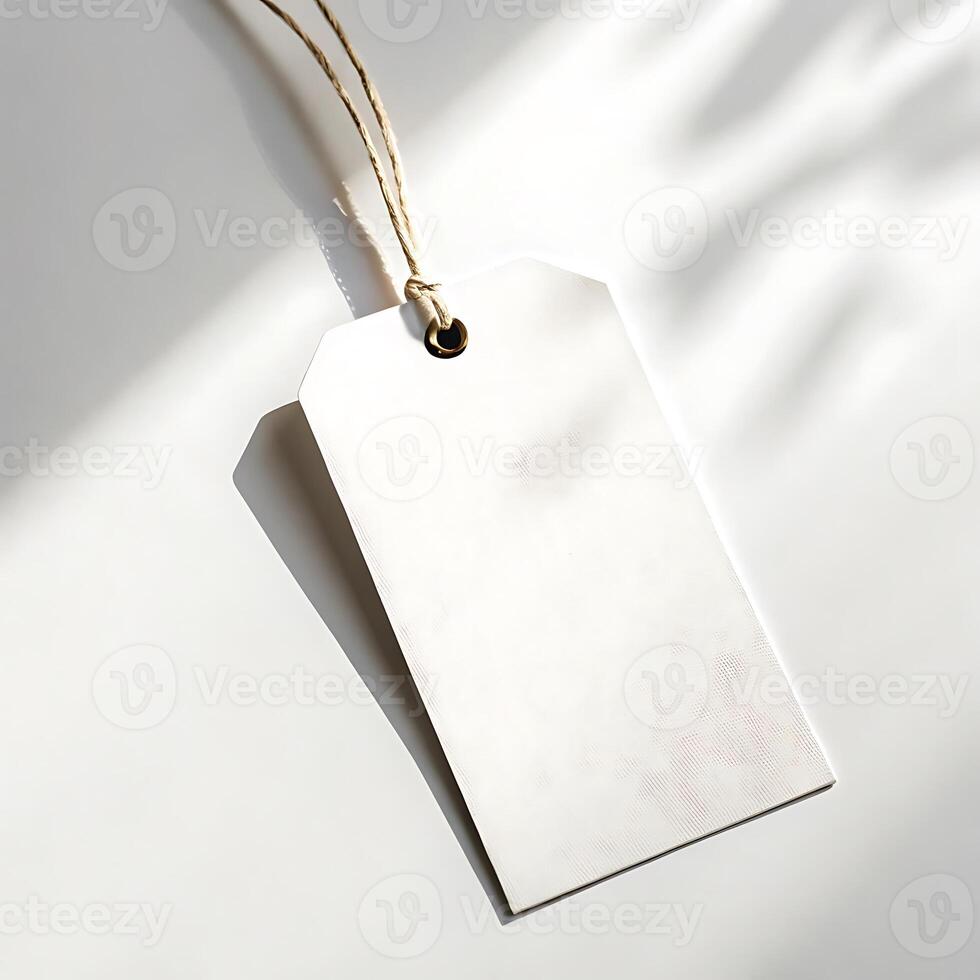 Elegant White Tag with Natural Cord and Shadow Accents on White Backdrop photo