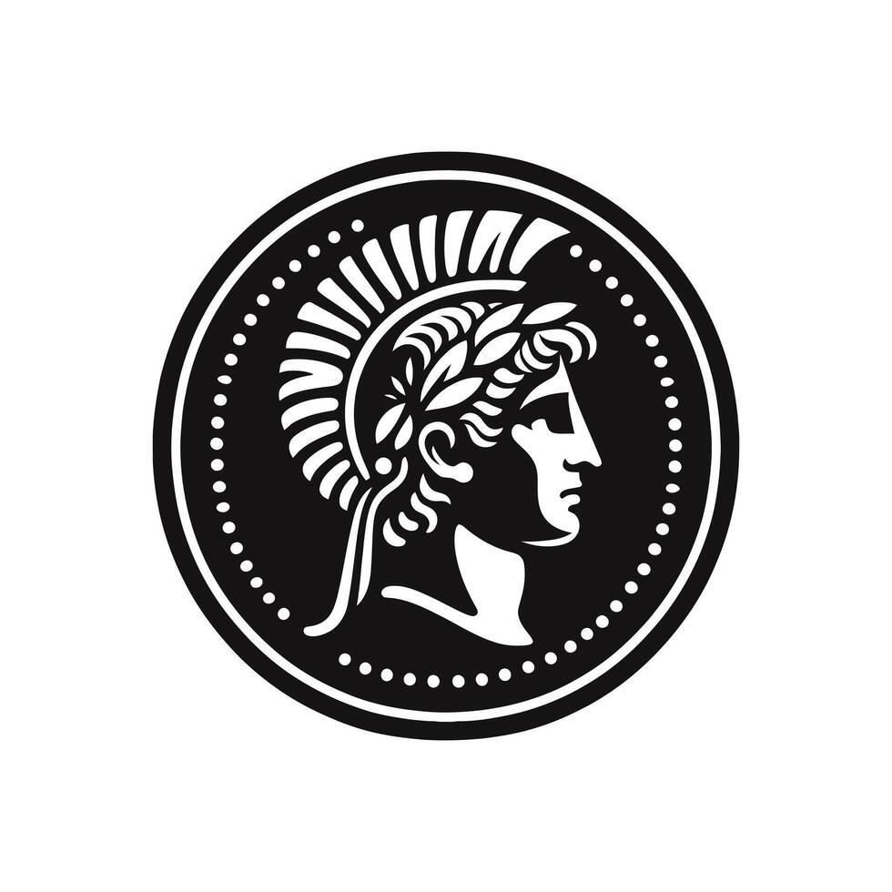 Roman Coin Silhouette Illustration Depicting Ancient Warrior Profile for Classical Empire Themes and Historical Currency Design Concepts vector