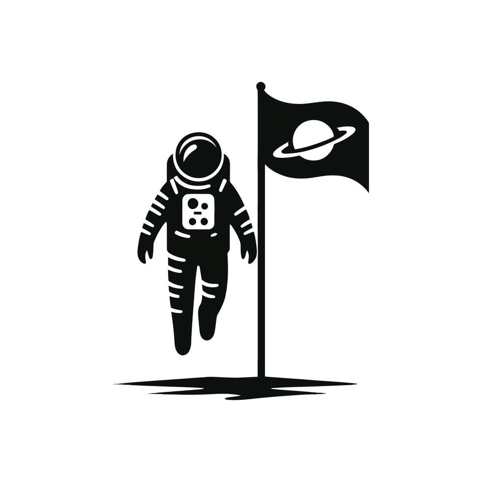 Astronaut Silhouette Floating in Outer Space next to a Waving Flag with a Ringed Planet Design Illustration for Exploration Themes vector