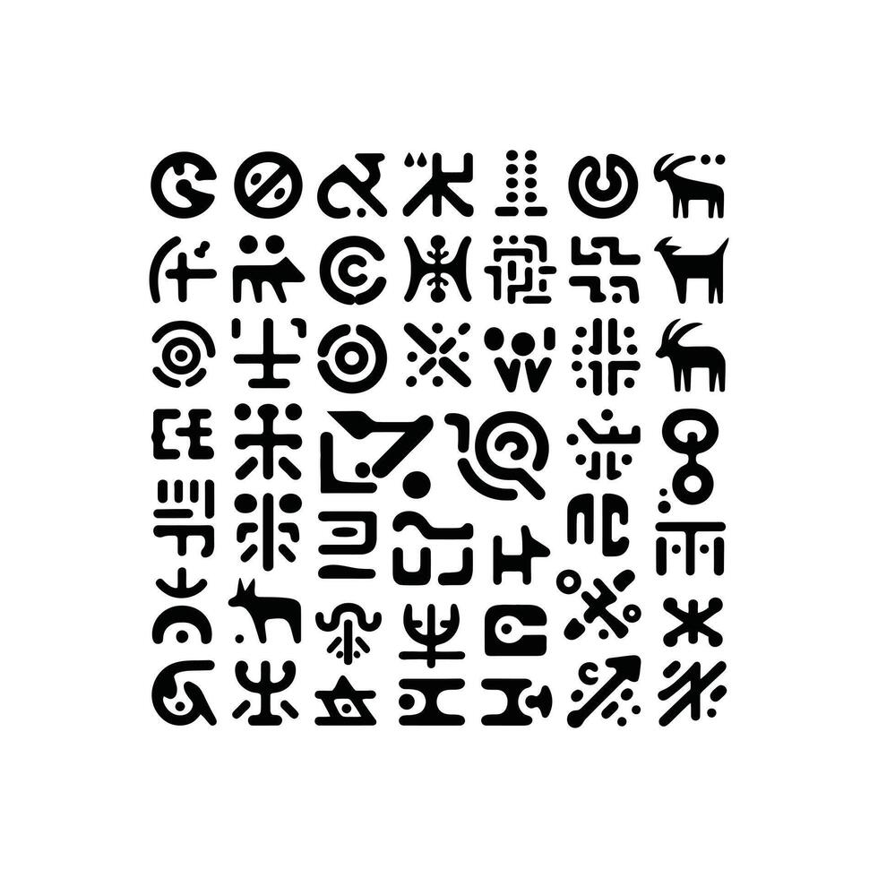 Ancient symbols collection petroglyphs and rock art icons set black primitive script elements for historical or archaeological design vector