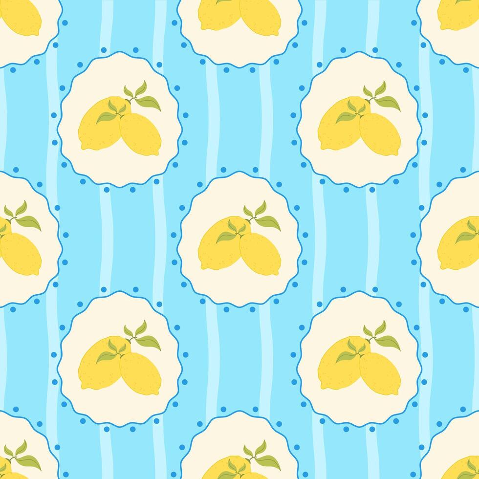 Seamless illustration with lemons framed by wavy blue lines and dots on striped turquoise background. Bright design of Mediterranean citrus fruits in flat style. vector