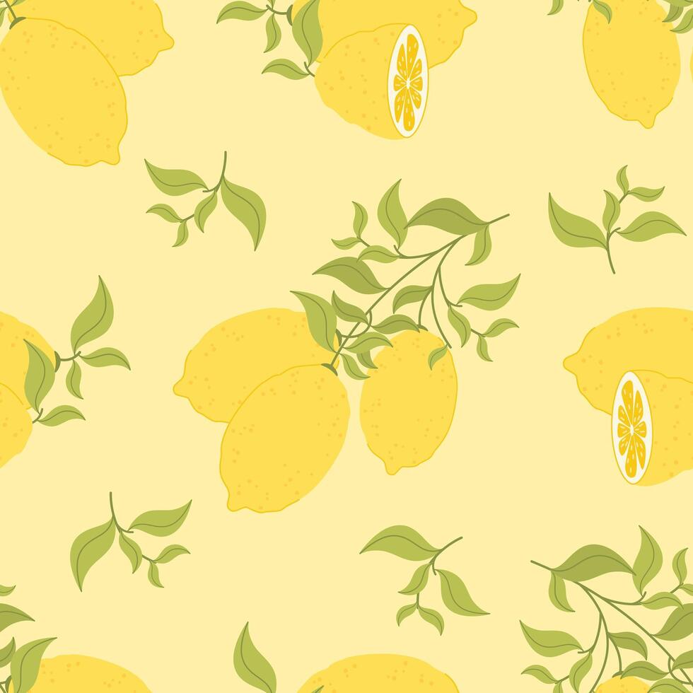 Seamless pattern with lemons on yellow background. Bright design of Mediterranean citrus fruits in flat style. vector