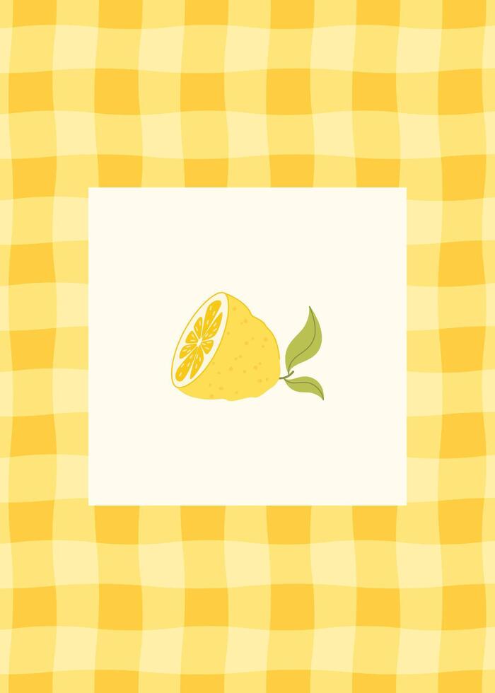 Summer illustration of ripe lemon on yellow checkered background. Flat style. Designer template for postcard, poster, flyer, banner, cover. vector