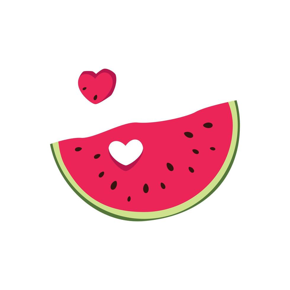 Large piece of juicy ripe watermelon, watermelon flesh in the shape of a heart. Watermelon icon. Illustration in flat style. vector