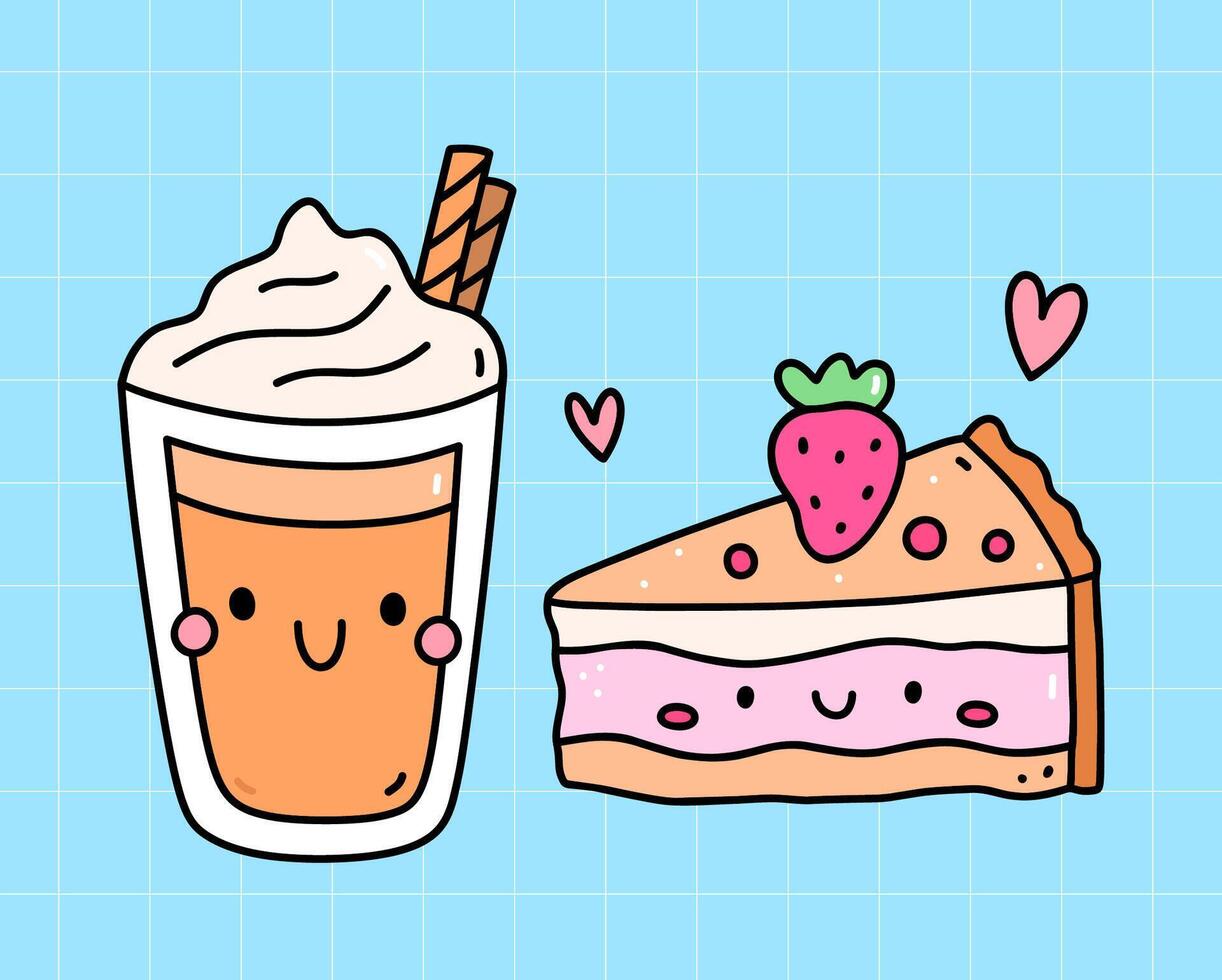 Kawaii latte cup and strawberry cake on a blue background. hand-drawn illustration in doodle style. Cute characters. Perfect for cards, decorations, stickers, menu, various designs. vector