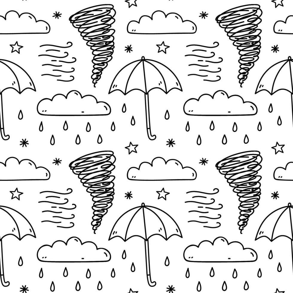Cute seamless pattern with weather elements - clouds, rain, wind, umbrella, tornado, snow. hand-drawn doodle illustration. Perfect for print, wallpaper, decorations. vector