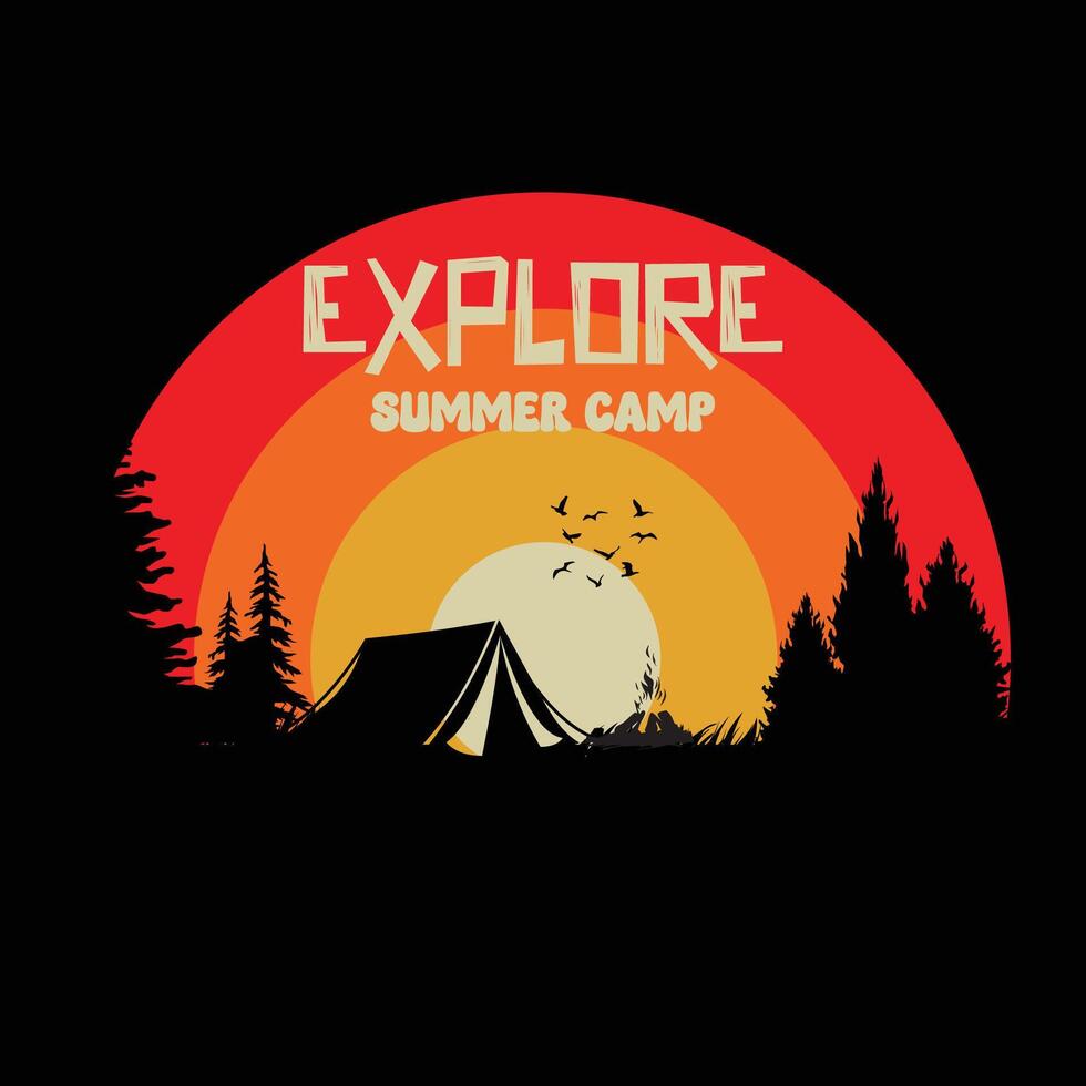 Explore summer camp vintage minimal tshirt design. Retro sunset and wonderful background. vector