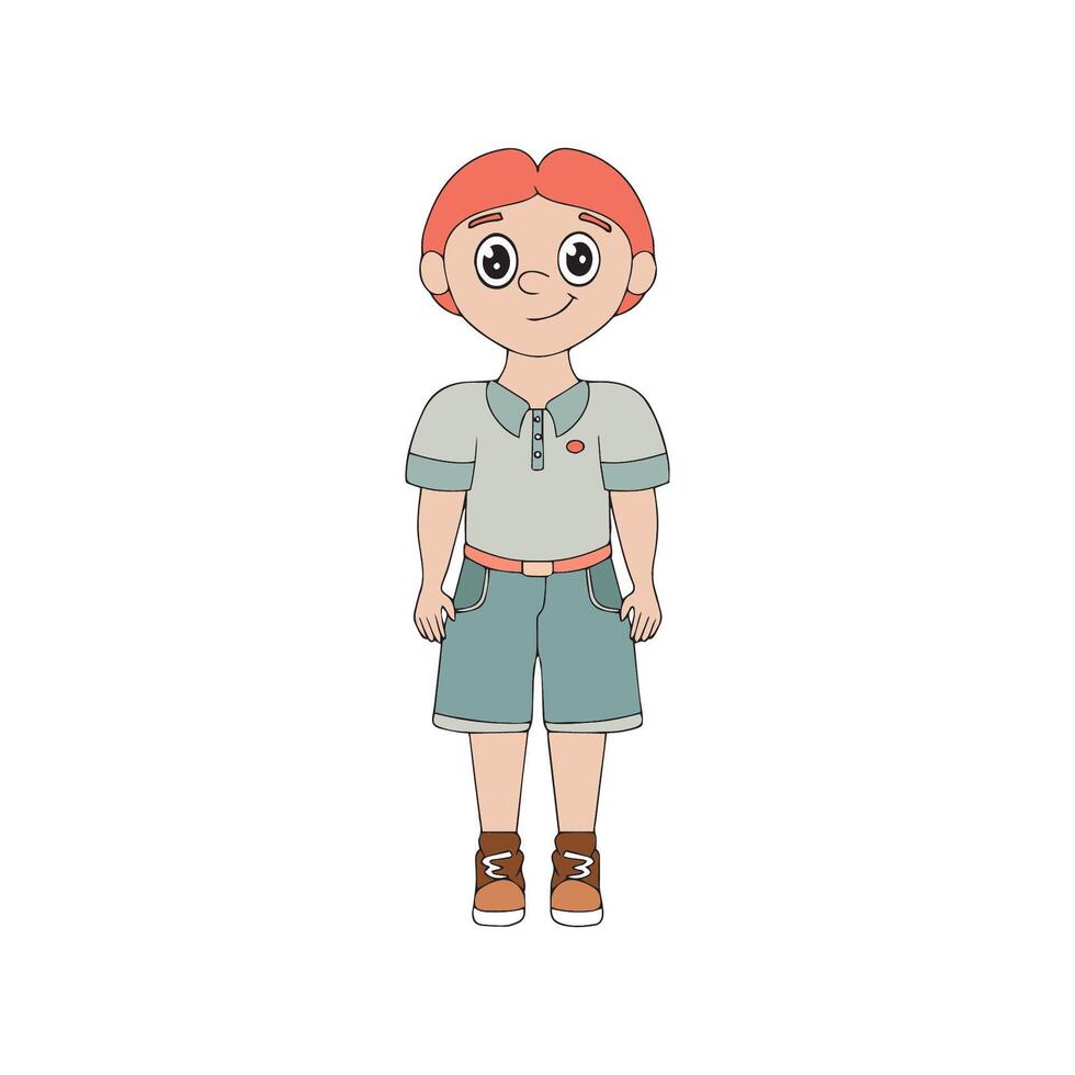 Cute happy red-haired boy hand drawn on white background. Smiling child in t-shirt and shorts. Design concept for back to school or international children's day vector
