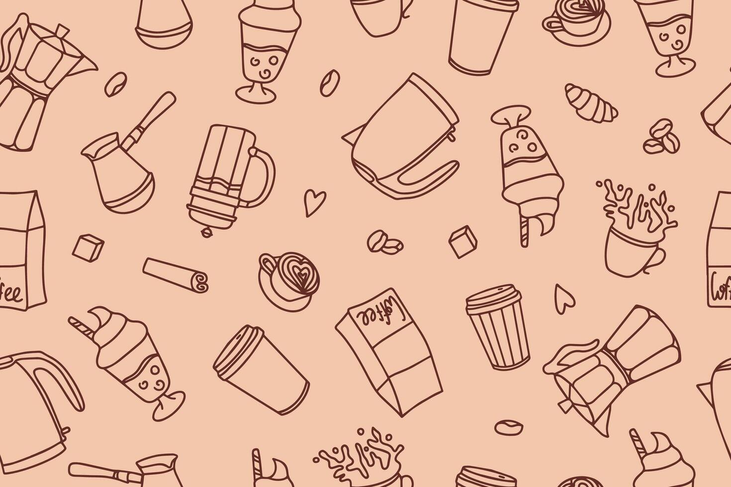 Seamless pattern coffee time doodle. Teapots, cups, Turk and sweets hand drawn. vector