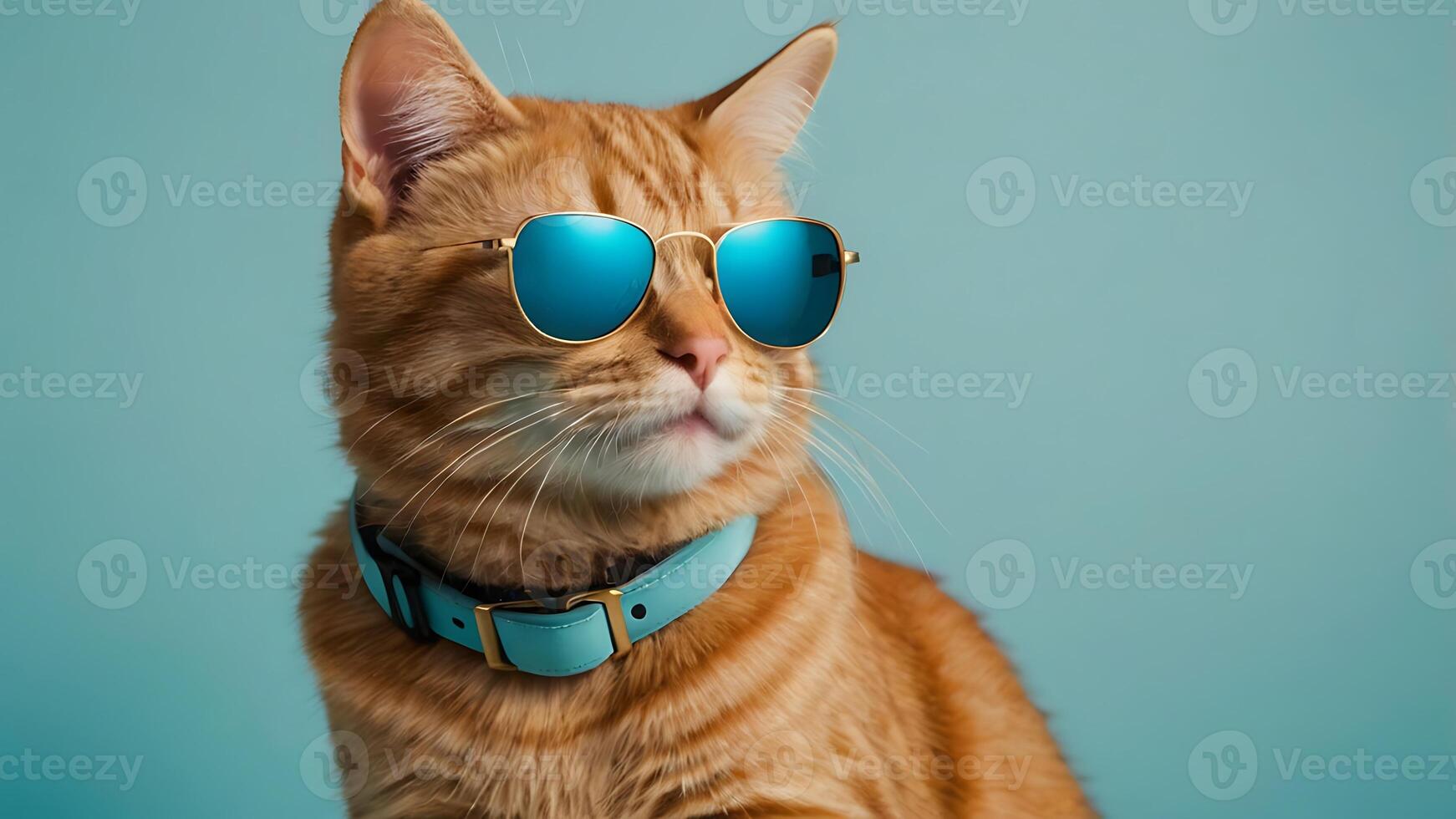 Stylish ginger cat wearing blue sunglasses and a matching collar for business promotions and marketing campaigns that aim for a fresh look photo