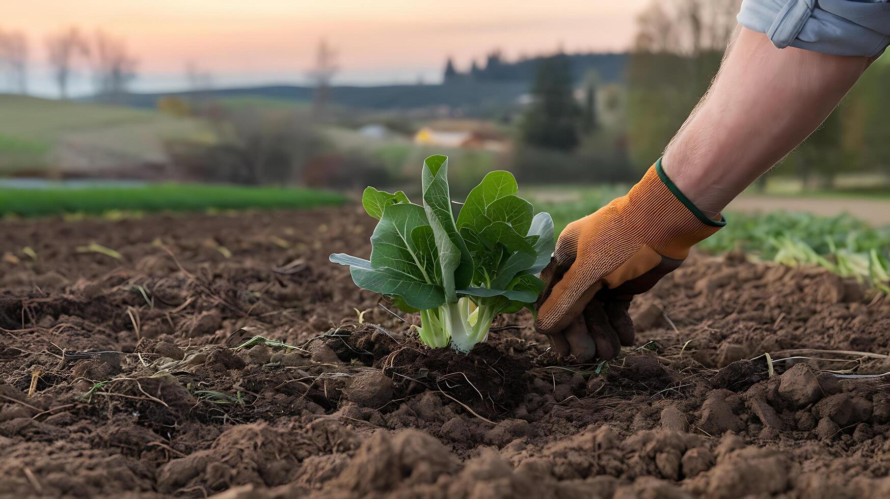 Close-up shot of a farmer planting a young vegetable seedling in fertile soil at dusk showing the agricultural process and new beginnings photo