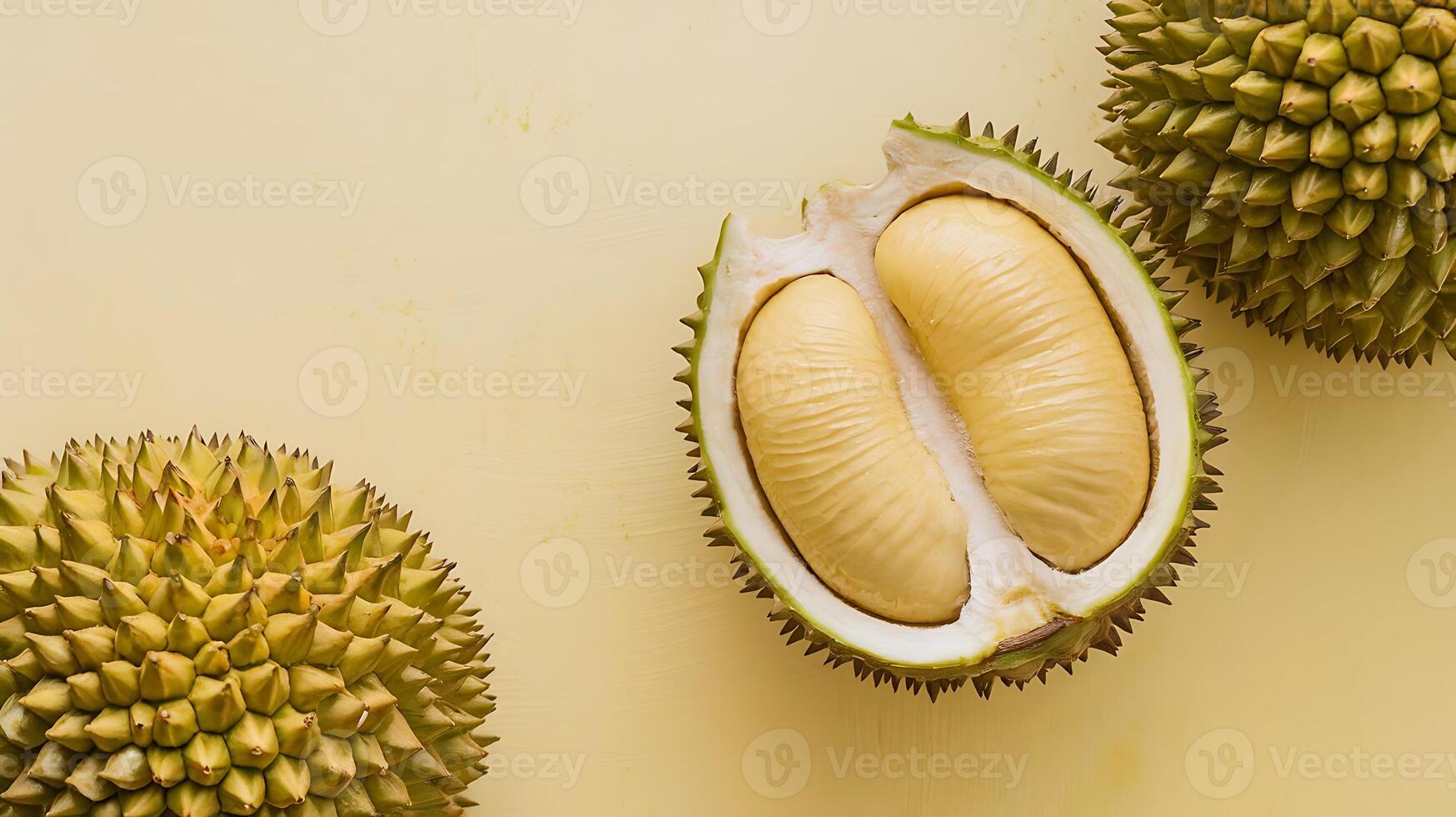 Studio shot of ripe durian fruit with its thorny outer shell against cream background photo