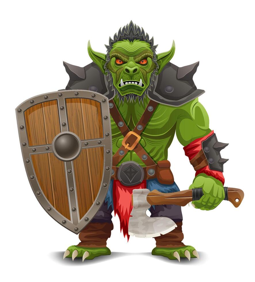 menacing and scary green goblin troll orc stands in a warlike pose cartoon illustration isolated vector