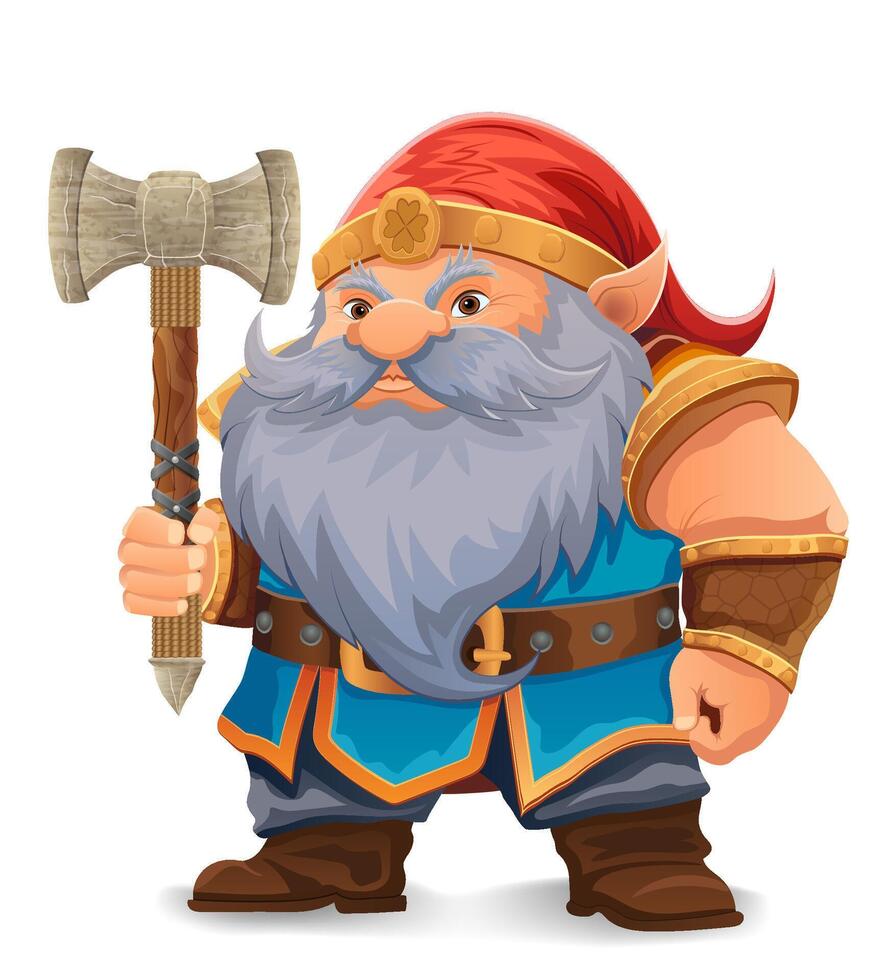 cartoon fantasy dwarf character with a bright blue beard and armor wearing an orange hat he stands firmly with a determined expression the design is colorful illustration vector