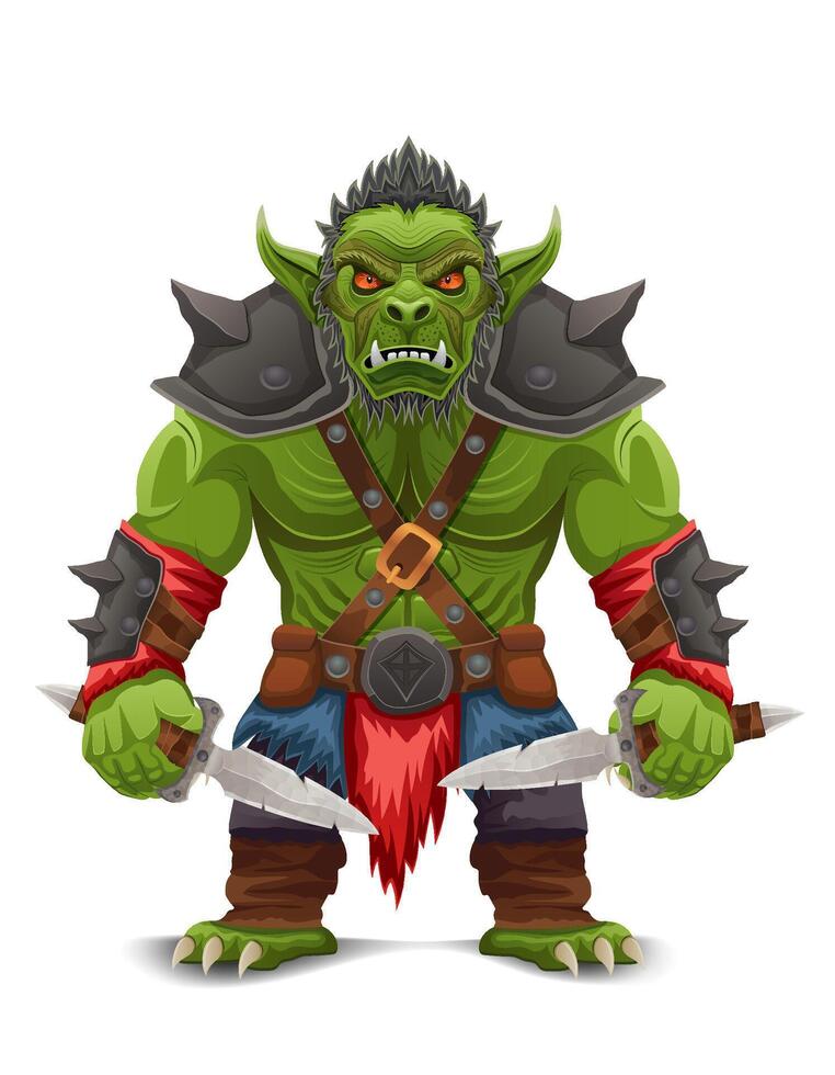 menacing and scary green goblin troll orc stands a warlike pose cartoon illustration isolated on white background vector