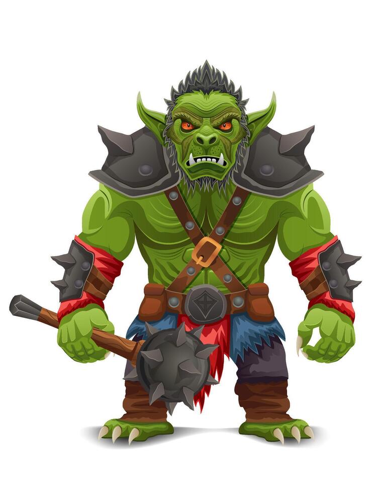 menacing and scary green goblin troll orc in a warlike pose cartoon illustration isolated on white background vector