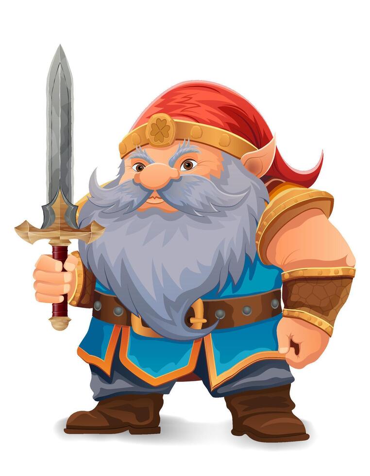 cartoon fantasy dwarf character with bright blue beard and armor wearing an orange hat he stands firmly with a determined expression the design is colorful illustration vector