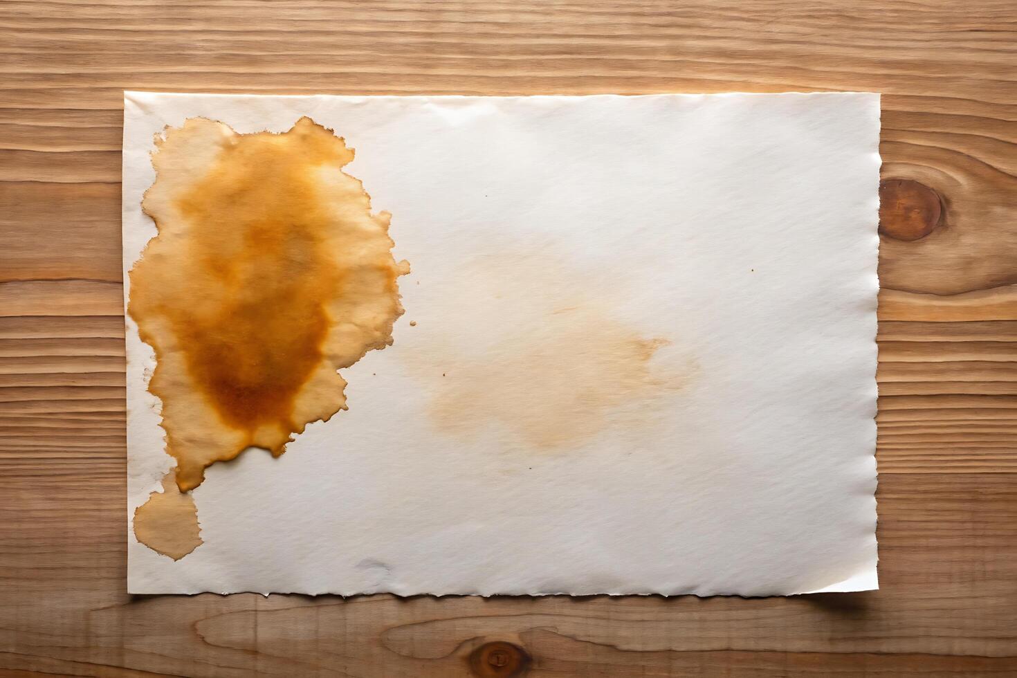 Vintage Paper Texture with Coffee Stain, Rustic Wood Background Close-Up photo