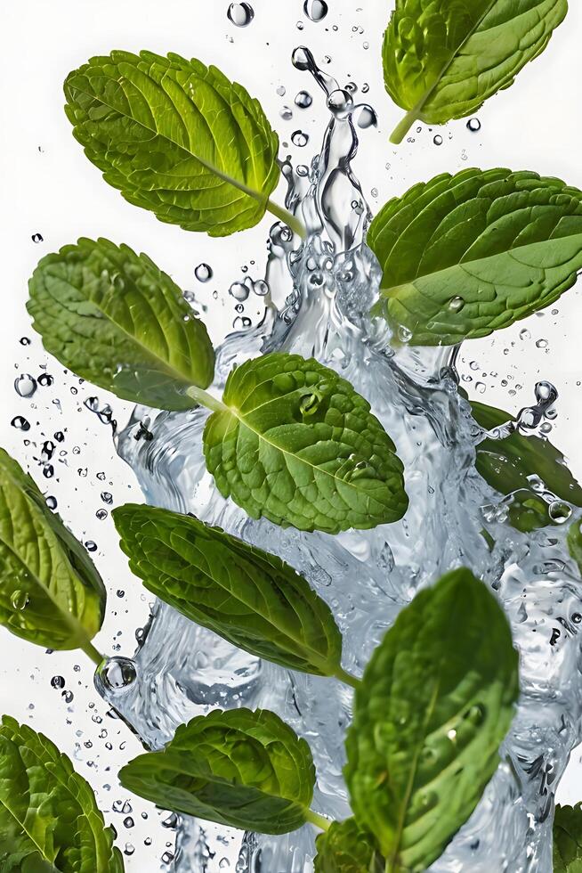 Refreshing Mint and Water Splash Still Life for Business Purposes photo