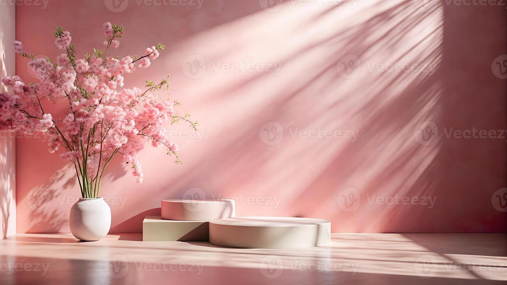 Elegant Product Display Podium with Blossoming Cherry Tree Branch photo