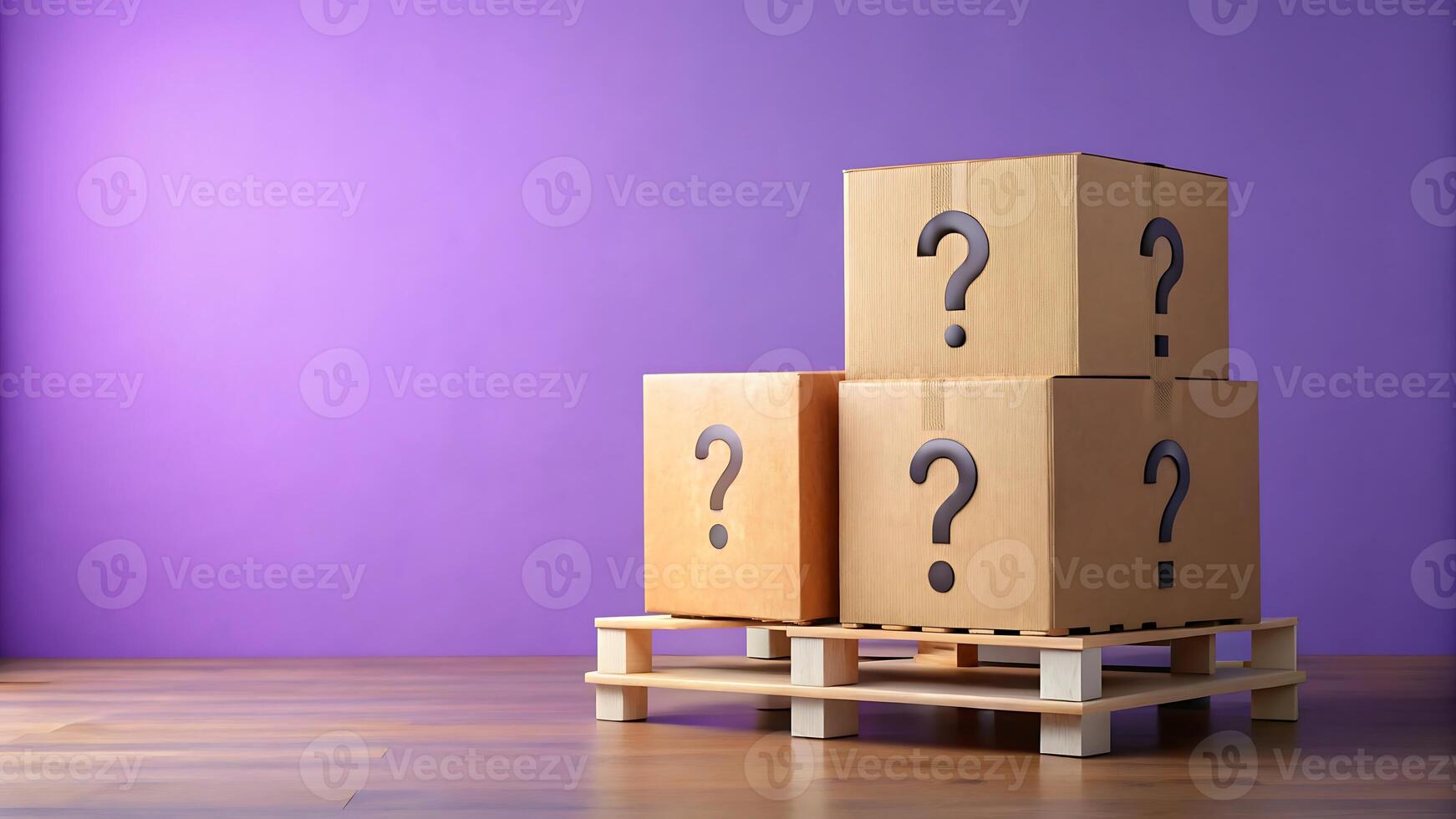 Mystery Boxes Stacked on Pallet with Question Marks on Purple Background photo