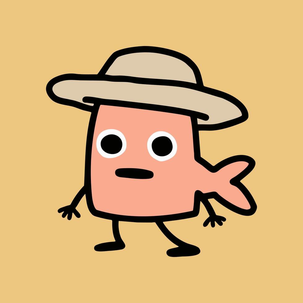 A cartoon fish wearing a hat and holding a stick vector