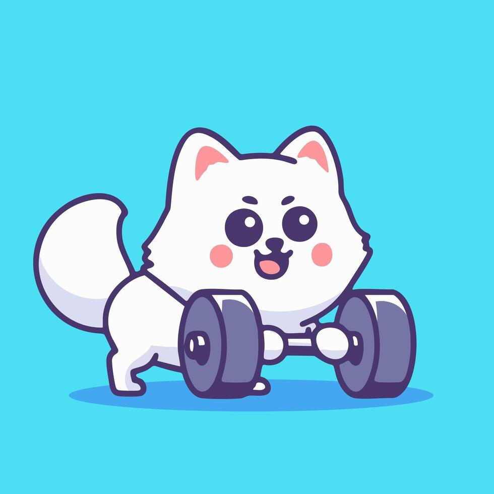 A cartoon white cat lifting a dumbbell vector