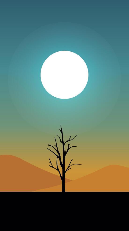 A dead tree in the desert with a bright sun in the background vector