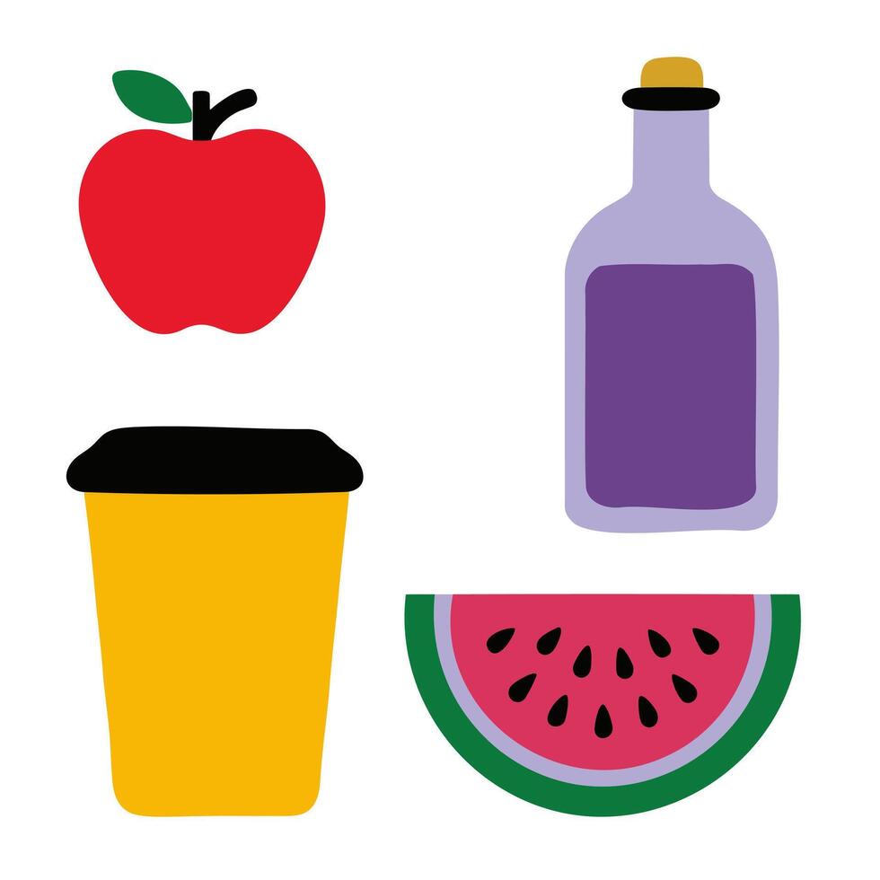 A bottle, a watermelon, a cup and a fruit vector