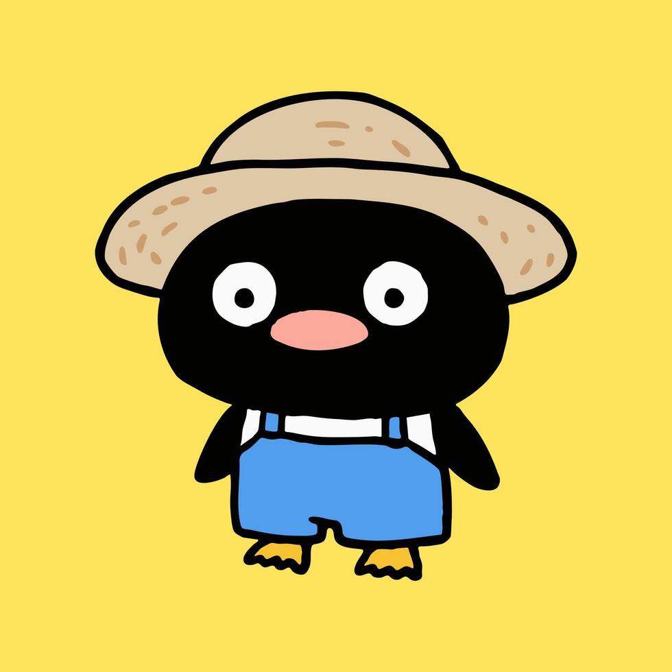 A cartoon penguin wearing a straw hat and overalls vector