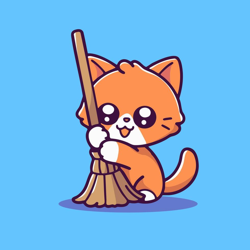 A cartoon cat with a broom on a blue background vector